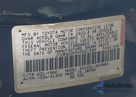 1997 Toyota Camry Le z USA, uszkodzony, nr VIN JT2BG22K5V0021599